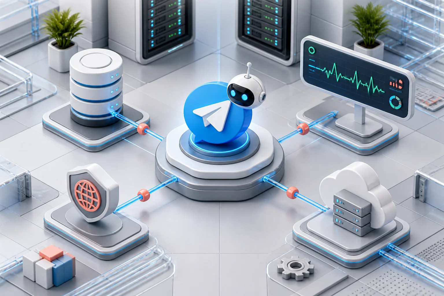 Telegram bot connected to hosting, database, monitoring and cloud infrastructure