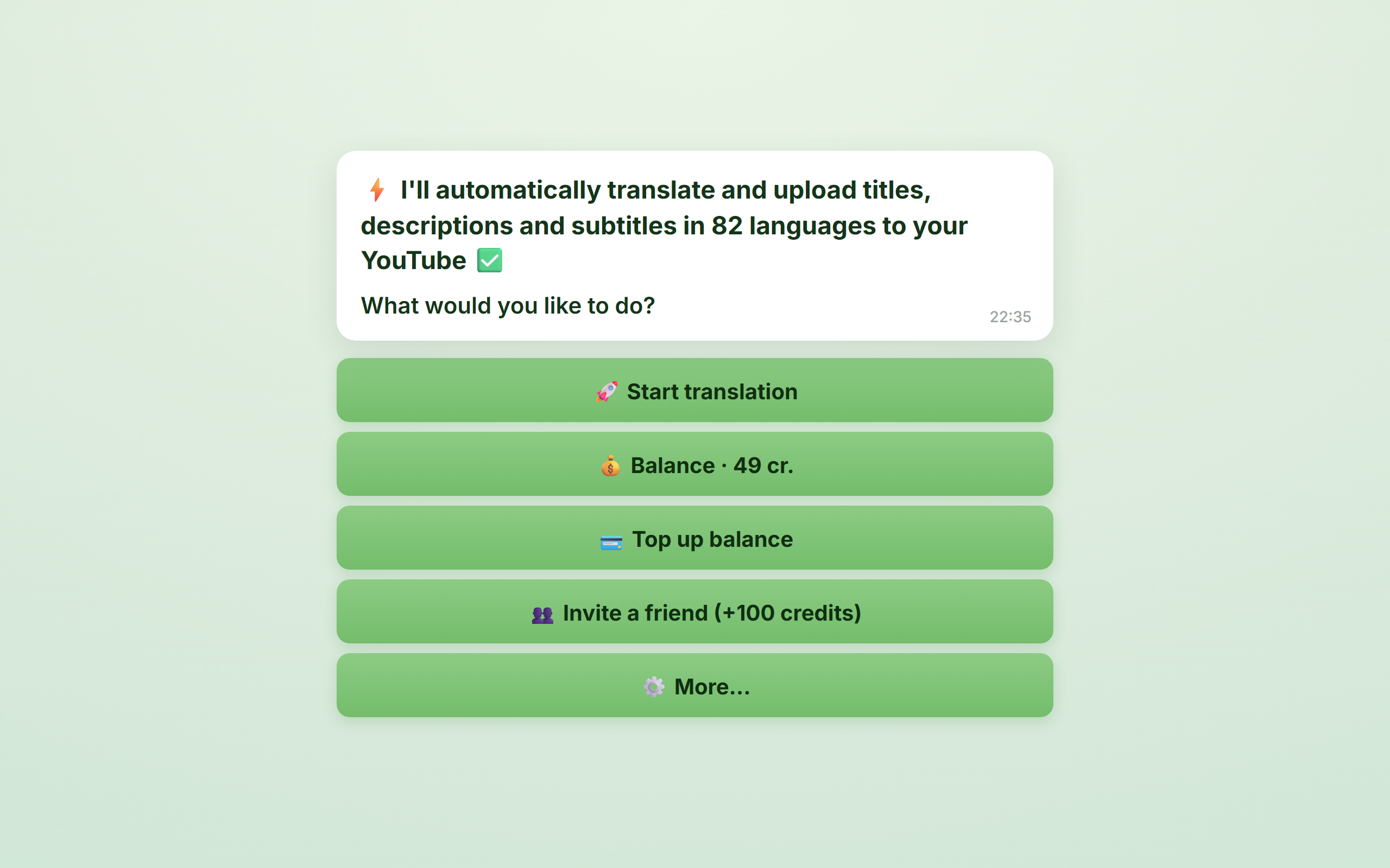 Telegram bot – YouTube translator (82 languages)