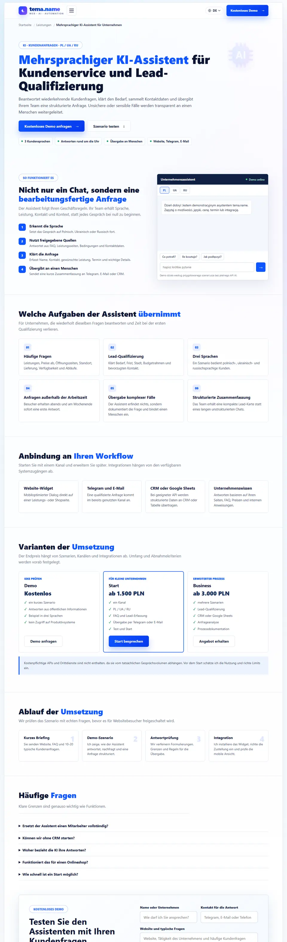 KI-Assistent für eine Website auf Polnisch, Ukrainisch und Russisch
