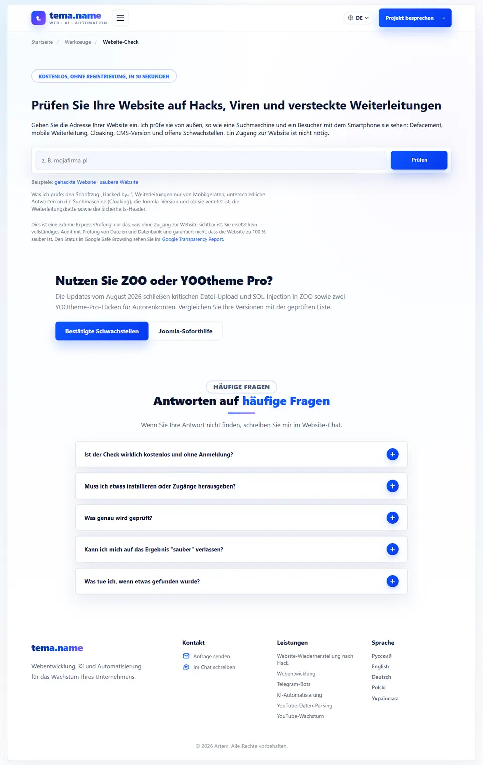 Externe Prüfung einer Website auf Anzeichen eines Hacks