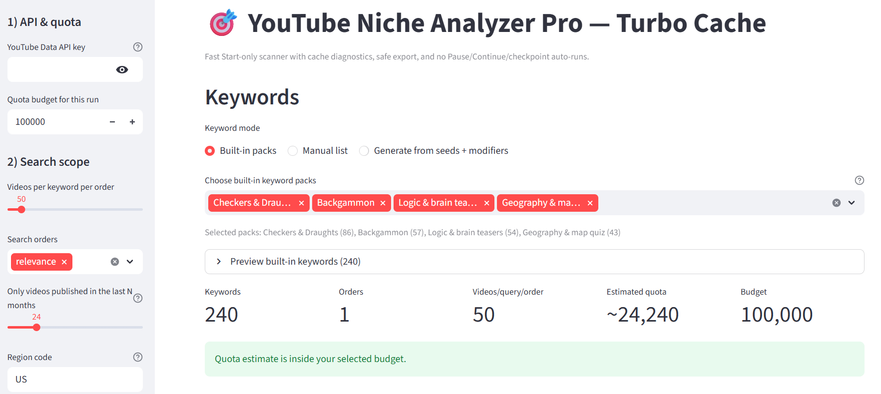 Интерфейс инструмента для анализа ниш и ключевых слов YouTube