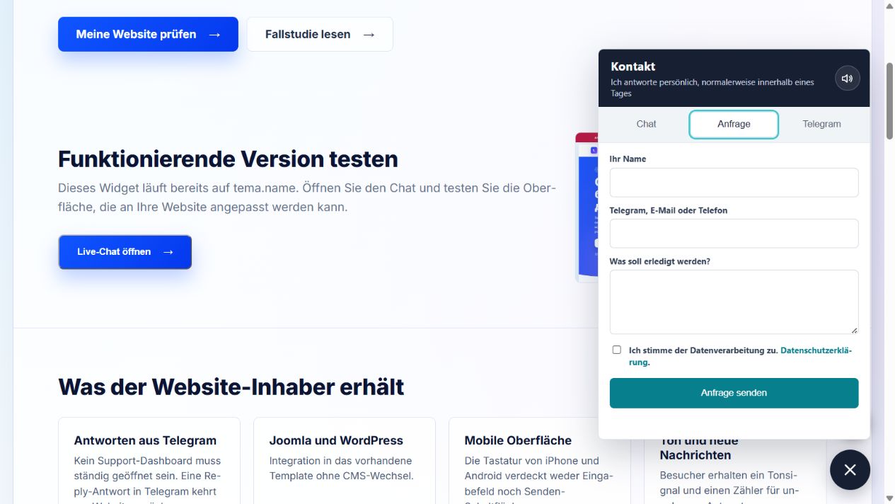 Live-Chat für die Website mit Telegram-Antworten: So funktioniert er