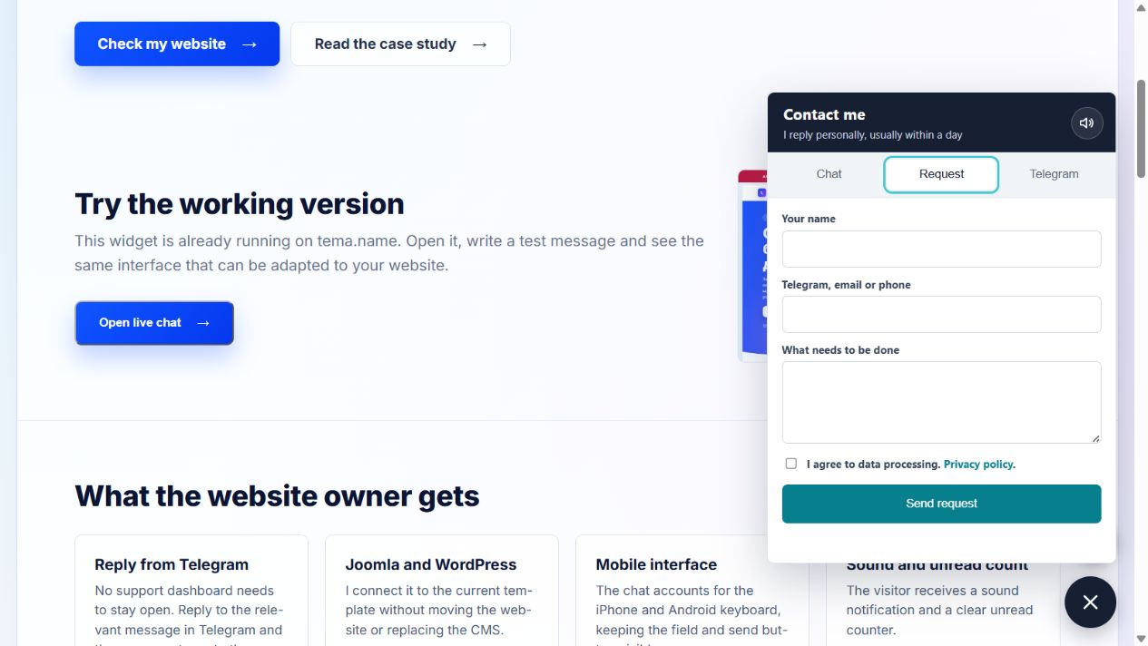 Website live chat with Telegram replies: how it works
